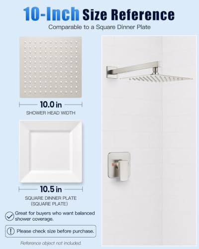 Heyalan 10 Inch Square Rain Shower Faucet Set with Valve, Brushed Nickel | Female-thread 1/2-inch NPT connections, SUS304 shower head, brass rough-in valve, single-handle control Shower Set - color: Nickel, size: 10 Inch Square Shower Head