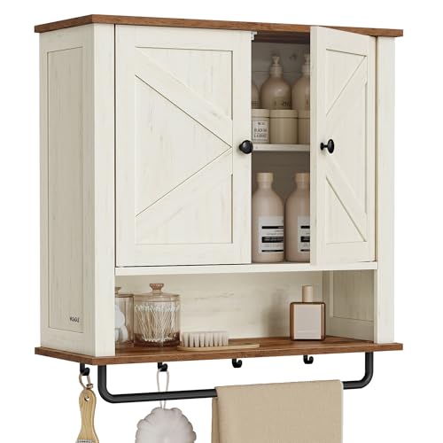 VASAGLE LIRY Collection - Bathroom Wall Cabinet, Farmhouse Wall-Mounted Medicine Storage Cabinet with 2 Barn Doors, Adjustable Shelf, Towel Bar, 7.9 x 23.6 x 28.7 Inches, Rustic White UBBK131W01S - color: Rustic White, style: 2Doors（28.7"H）