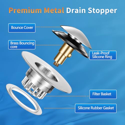Bathtub Drain Stopper Universal, Pop Up Drain Stopper with Stainless Steel Strainer Basket Hair Catcher, Anti-Clogging Design, Leak-Proof Silicone Ring, for Bath/Sink (1 Pack Tub Drain Stopper)