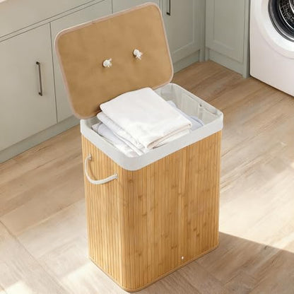 GarveeHome Folding Bamboo Laundry Hamper with Lid, 28 Gal / 106L Wooden Laundry Basket with Washable Liner Bag, Slim Clothes Storage Hamper for Small Bedrooms Apartments Dorms, Natural - color: Carbonized - Rectangle