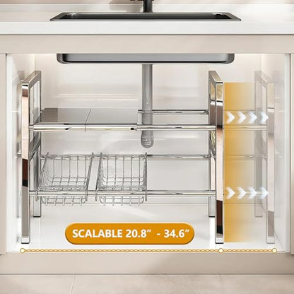 Large Under Sink Organizer 2 Tier Expandable Heavy Stainless Steel Shelf Adjustable Height for Under Kitchen Bathroom Sink Organizers and Storage (Large Size: 4 Panels 4 Storage Baskets) - size: Large size: 4 panels 4 storage baskets