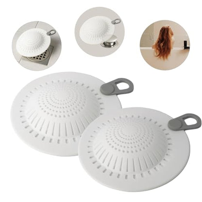 Silicone Drain Hair Catcher for Shower and Bathtub, Raised Dome Design, No Tools Needed, Fits Flat & Pop-Up Drains, 5.9" Wide, Easy to Clean, Anti-Clog Cover (White, 2 Pack)