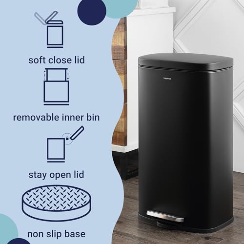 happimess Curtis 8 Gal Step Trash Can Soft Close 25", Charcoal Black | Stainless Steel, Fingerprint Resistant Satin Finish, Removable Liner, Steel Pedal, 20 Trash Bags Included, Kitchen Bin - color: Black