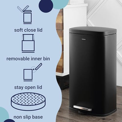 happimess Curtis 8 Gal Step Trash Can Soft Close 25", Charcoal Black | Stainless Steel, Fingerprint Resistant Satin Finish, Removable Liner, Steel Pedal, 20 Trash Bags Included, Kitchen Bin - color: Black
