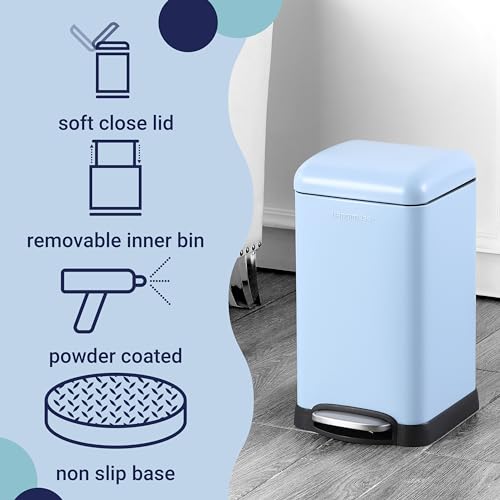 happimess Betty Retro Mini 3.2 Gal Step Trash Can, Tide Pool Blue | Soft-Close Lid, Removable Liner, Iron, Hands-Free Pedal, Satin Finish, Non-Skid Base, Built-In Damper, Modern, Minimalistic - color: Tide Pool Blue