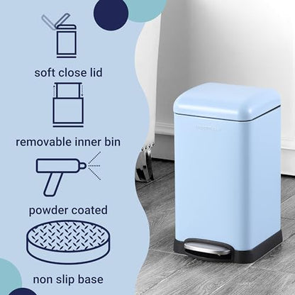 happimess Betty Retro Mini 3.2 Gal Step Trash Can, Tide Pool Blue | Soft-Close Lid, Removable Liner, Iron, Hands-Free Pedal, Satin Finish, Non-Skid Base, Built-In Damper, Modern, Minimalistic - color: Tide Pool Blue
