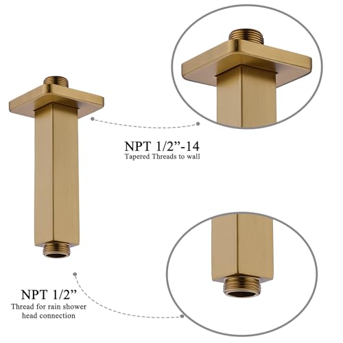 4 Inch Shower Arm with Flange, Ceiling Mounted Square Shower Head Extension Arm, 1/2 NPT Straight Arm for Rain Shower Head, Stainless Steel Shower Head Extension Replacement Pipe Arm, Brushed Gold - color: Brushed Gold, style: 4-Inch