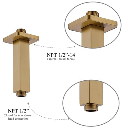 4 Inch Shower Arm with Flange, Ceiling Mounted Square Shower Head Extension Arm, 1/2 NPT Straight Arm for Rain Shower Head, Stainless Steel Shower Head Extension Replacement Pipe Arm, Brushed Gold - color: Brushed Gold, style: 4-Inch