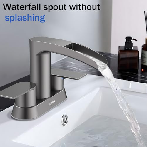 Bathroom Sink Faucet for 3 Hole, Hurran 4 Inch Bathroom Faucets with Pop-up Drain, Stainless Steel 2-Handle Waterfall Faucet for Bathroom Sink, Brushed Grey - color: Brushed Grey