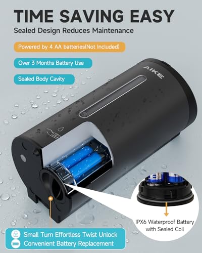 AIKE Automatic Liquid Soap Dispenser,25oz Capacity for Bathroom,Matteblack | No-Drill and Screw Wall Mount Install Design for Space-Saving,4*AA batteries(Not Included) Ensure Long Standby,Model AK1205E - color: Matte Black