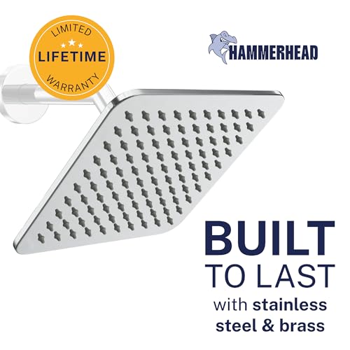 HammerHead Showers® SOLID METAL 8 Inch Square Rainfall Shower Head – CHROME - Shower Head Rainfall - 2.5 GPM High Flow Shower Head Optimized for Pressure – Large Square Rain Shower Heads - color: Chrome