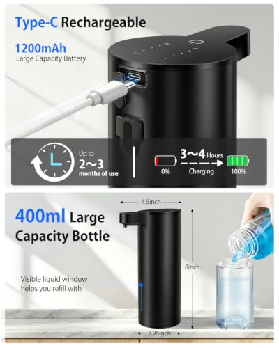 Touchless Automatic Liquid Soap Dispenser, Stainless Steel, Rechargeable | 4 Levels Adjustable, No Clog,13.5oz Capacity,IPX5 Waterproof, Wall Mount, For Hand & Dish Soap, Bathroom Kitchen Hotel Use - color: Black