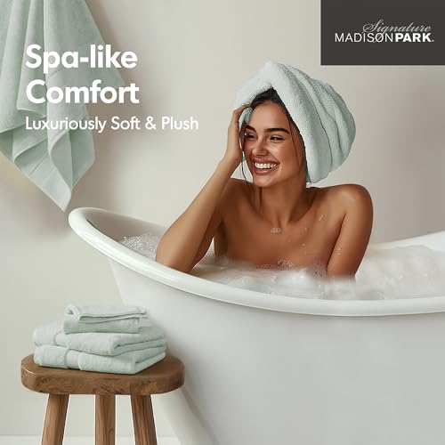 Madison Park 800GSM 100% Cotton Bathroom Bath Towel Set of 8, Seafoam | Long Staple, Highly Absorbent, Durable Hotel Spa Quality, Quick Dry, Double Stitched Hems, Lint Reducing, OEKO-TEX Certified - color: Seafoam, size: Multi-Sizes