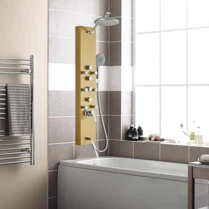 ROVOGO Gold Shower Panel Tower System, 4 Shower Modes Simultaneous Function | Rain Shower Head, Handheld, Body Jets, Tub Spout, Height Adjustable Shower Arm, Stainless Shower Column W/ Brass Valve, 43.3" - color: Gold-Adjustable Rain Head