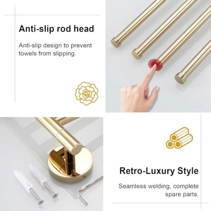 Solid Brass Swivel Towel Bar, Brushed Gold Bathroom Towel Rack, No Drill Adhesive Wall Mounted Rail Hanger, Space Saving Multi Arm Holder for Kitchen Restroom(Gold,19cm) - color: Gold, size: 19cm
