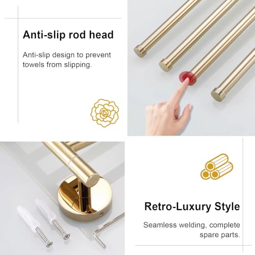 Solid Brass Swivel Towel Bar, Brushed Gold Bathroom Towel Rack, No Drill Adhesive Wall Mounted Rail Hanger, Space Saving Multi Arm Holder for Kitchen Restroom(Gold,15cm) - color: Gold, size: 15cm