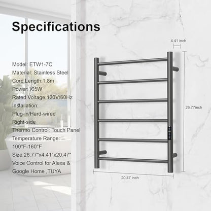 Electric Towel Rack with Voice Control for Alexa & Google Home,TUYA - Wall-Mounted Bathroom Heating Towel Warmer,Plug-in,Stainless Steel Material (Gungrey with WiFi, 6 Bar) - color: Gungrey With Wifi, size: 6 Bar