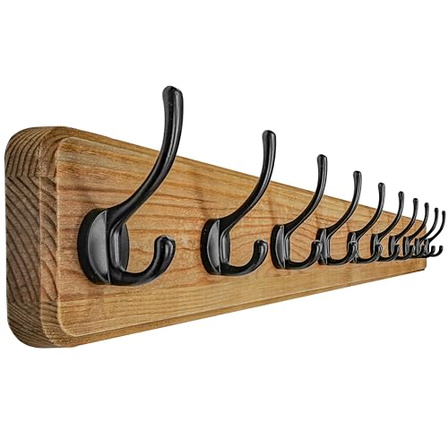Coat Rack Wall: 38-1/4" Long, Patented, Heavy-Duty, 10-Double-Hooks Wooden Wall Mounted Coat Rack Coat Hanger Hook Rail for Winter Coats Hat Jacket Clothing, Weathered Brown - color: Weathered Brown & Black, size: L=38.3"(1pcs)