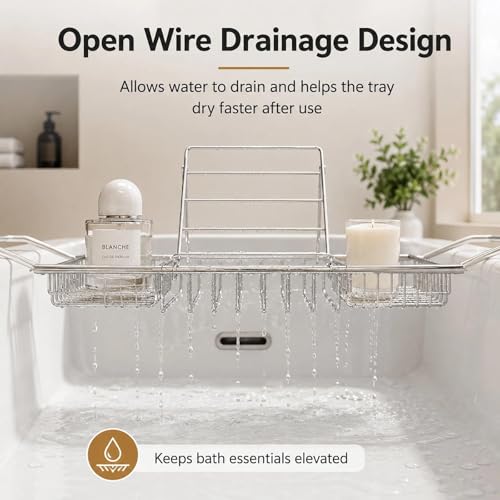 Bathtub Caddy Tray for Tub, Expandable Stainless Steel Bath Tray with Book Holder, Over Tub Organizer Rack for Tablet, Soap, Towel, Spa Bath Accessories(Rose Gold)