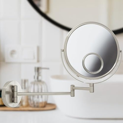 JERDON Wall-Mounted Makeup Mirror - 10X Magnification - Nickel - JP7510N | 8" Round Frame, 15X Spot Mirror, 10" Wall Extension