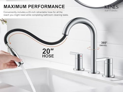 Chrome Pull Down Widespread Bathroom Faucet 8 Inch 2 Handle 3 Hole | Pull Out Bathroom Faucet with Pop Up Drain & Supply Lines, Lead-Free cUPC & NSF Certified, 8 Inch Faucet for Vanity RV Sink - color: Chrome
