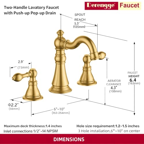 Brushed Gold 2-Handle 8 Inch Widespread Bathroom Faucet, 3 Holes | Derengge Traditional Widespread Sink Faucet, With Pop-Up Drain 360° Swivel Stainless Steel Spout, F-8805-BG - color: Brushed Gold