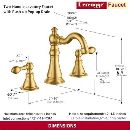 Brushed Gold 2-Handle 8 Inch Widespread Bathroom Faucet, 3 Holes | Derengge Traditional Widespread Sink Faucet, With Pop-Up Drain 360° Swivel Stainless Steel Spout, F-8805-BG - color: Brushed Gold