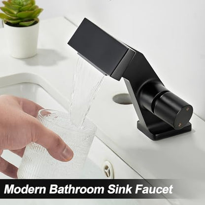 BAKALA Black Waterfall Bathroom Faucets, Single Hole Single Handle Brass Bathroom Sink Faucet Deck Mount, Rv Lavatory Vanity Faucet with 2 Supply Holes - color: Matte Black