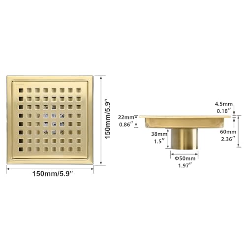 RANDOM Brushed Gold Shower Drain Square 6 Inch Shower Floor Drain with Grid Grate & Removable Hair Strainer 304 Stainless Steel Shower Drain Cover Bathroom Accessories.98738BG - color: C-brushed Gold-6″ Square