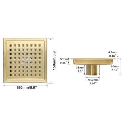 RANDOM Brushed Gold Shower Drain Square 6 Inch Shower Floor Drain with Grid Grate & Removable Hair Strainer 304 Stainless Steel Shower Drain Cover Bathroom Accessories.98738BG - color: C-brushed Gold-6″ Square