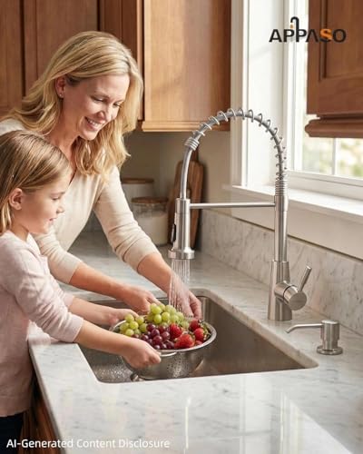 APPASO Kitchen Faucet with Soap Dispenser Pull Down Sprayer Brushed Nickel | NSF/ANSI/CAN 372 & Lead-free, SUS304 Stainless Steel 3 Modes Faucet for Farmhouse, Bar & RV - color: Brushed