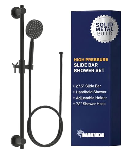 HammerHead Showers® Solid Metal 27.5 Inch Shower Slide Bar Set and Handheld Shower Head with Hose — MATTE BLACK — 2.5 GPM High Pressure Spray Wand — Easily Adjust Height & Angle of Handshower - color: Matte Black, size: 2.5 GPM