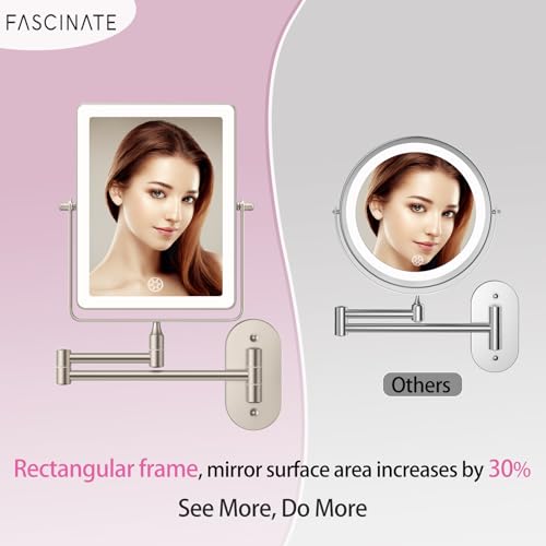 FASCINATE 8.7" 5000mAh Rechargeable Wall Mounted Makeup Mirror (Nickel) | Bathroom Mirror Rectangle Double Sided Touch Switch 1X 30X Magnifying, 3 Color Setting, Extended Arm 360° Swivel Foldable - color: Nickel a