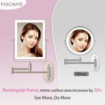 FASCINATE 8.7" 5000mAh Rechargeable Wall Mounted Makeup Mirror (Nickel) | Bathroom Mirror Rectangle Double Sided Touch Switch 1X 30X Magnifying, 3 Color Setting, Extended Arm 360° Swivel Foldable - color: Nickel a