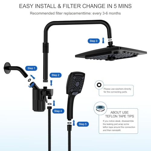 ELLO&ALLO Filtered Rain Shower Head with Handheld Spray, Rainfall Shower Head Combo with 59" Hose, Dual Showerhead Set with Adjustable Shower Extension Arm, Matte Black