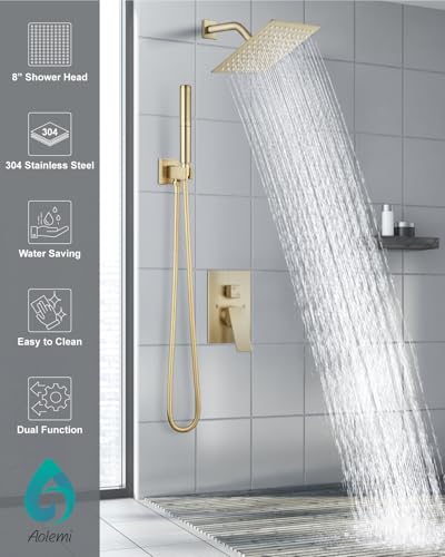 Aolemi Shower System with Rain Head and Handheld,8-Inch,Brushed Gold | High-Pressure Shower Faucet Set with Dual-Function Handheld,Rough-In Valve,1.8 GPM,Wall-Mount Trim Kit - color: Brushed Gold, size: 8 Inch