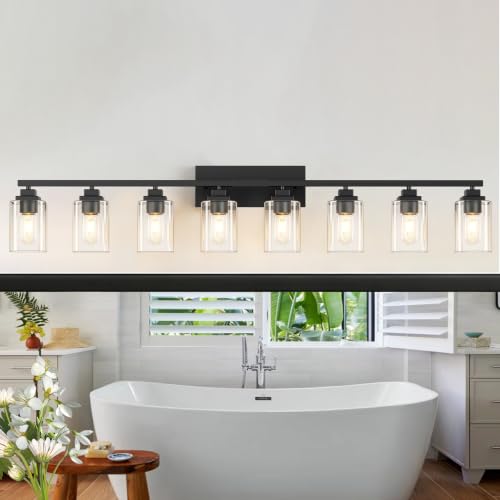 Matte Black Bathroom Vanity Light, 8-Light Modern Vanity Lighting Fixtures Over Mirror with Clear Glass Shade,Square Design,Wall Sconces for Living Room Cabinet Bedroom,E26 Socket - size: 8-Light