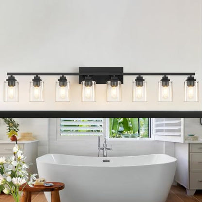 Matte Black Bathroom Vanity Light, 8-Light Modern Vanity Lighting Fixtures Over Mirror with Clear Glass Shade,Square Design,Wall Sconces for Living Room Cabinet Bedroom,E26 Socket - size: 8-Light