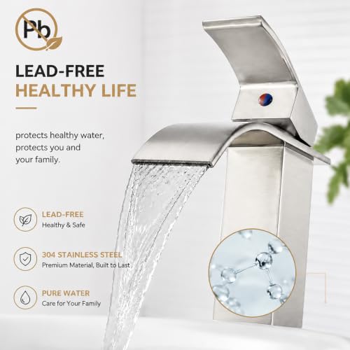 VOTON Vessel Sink Faucet Brushed Nickel Modern Tall Waterfall Bathroom Sink Faucet with Pop-Up Drain Single Handle Bathroom Faucet 1 Hole Bowl Lavatory Vanity Faucet, Rv Sink Camper Farmhouse Faucet - color: Brushed Nickel, size: Tall