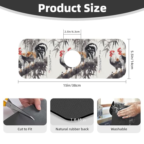Ink Wash Two Chickens 15x5.5 Inch Diatomite Faucet Mat - Absorbent Sink Splash Guard For Kitchen & Bathroom, Fast-Dry Sink Drying Mat With Non-Slip Backing