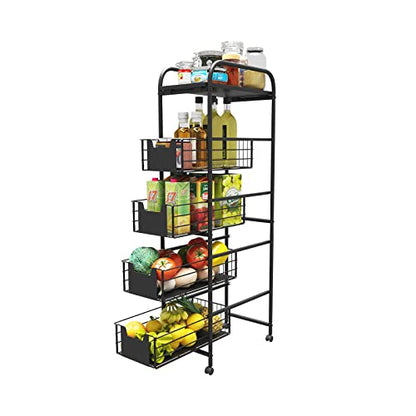 WHIFEA 5 Tier Slim Rolling Cart with Pull-Out Drawers, Multi-Layer Narrow Storage Shelf Organizer on Wheels, Metal Wire Baskets for Fruit, Dishes, Freestanding Unit for Kitchen, Bathroom, Home Office