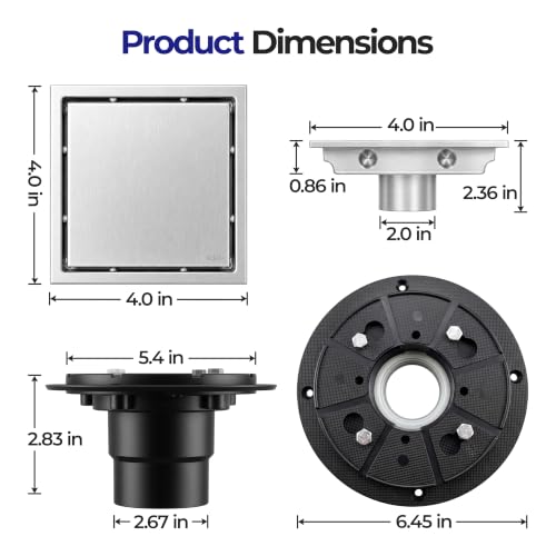 4-inch Square Tile Insert Shower Drain with Flange - SUS 304 Stainless Steel Invisible Floor Drain with Removable Cover and Strainer, Commercial Drain for Bathroom Kitchen, Nickel