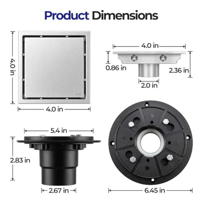 4-inch Square Tile Insert Shower Drain with Flange - SUS 304 Stainless Steel Invisible Floor Drain with Removable Cover and Strainer, Commercial Drain for Bathroom Kitchen, Nickel