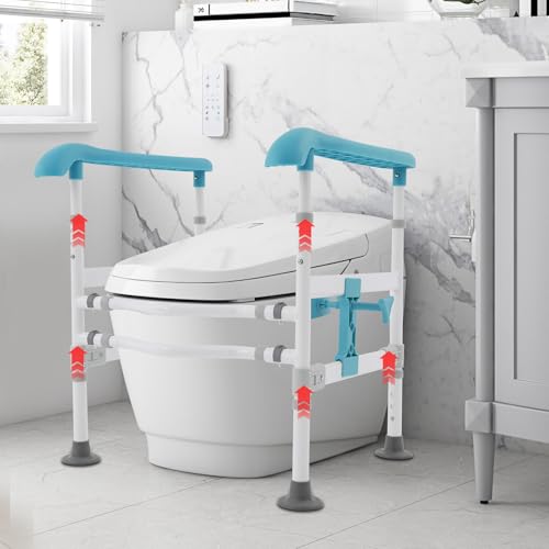 Toilet Safety Rails, Adjustable Height & Width Toilet Safety Frame, Foldable Handicap Toilet Handles for Seniors, Handicap, Disabled, 360° Rotatable Clamps, Fit Most Toilets (330 LBS Blue)
