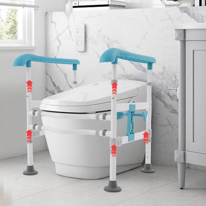 Toilet Safety Rails, Adjustable Height & Width Toilet Safety Frame, Foldable Handicap Toilet Handles for Seniors, Handicap, Disabled, 360° Rotatable Clamps, Fit Most Toilets (330 LBS Blue)