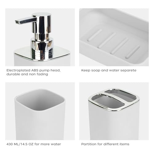 4Pcs White Bathroom Set, Square Boho Soap & Toothbrush Holder Set | Thick shatterproof ABS, electroplated rust-proof pump, drip-free, multi-slot holder, dustproof lids, easy-clean - color: White, size: 4PCS