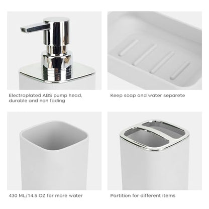 4Pcs White Bathroom Set, Square Boho Soap & Toothbrush Holder Set | Thick shatterproof ABS, electroplated rust-proof pump, drip-free, multi-slot holder, dustproof lids, easy-clean - color: White, size: 4PCS