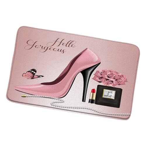 Flower Butterfly Bath Mat Hello Gorgeous Fashion Girl Black Perfume Bottle Lipstick Pink High Heel Rose Floral Romantic Lover Girls Bathroom Rugs Shower Mat Bedroom Kitchen Carpet 17.8x29.5 Inch - color: Pink, size: 17.8x29.5 Inch