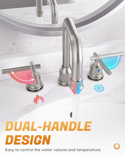 WOWOW Brushed Nickel Bathroom Faucet 3 Hole, Widespread Vanity Sink Faucets | Copper Inlet 8 Inch Faucet for Bathroom Sink with Swivel Spout, Two Handles Lavatory Tap with Drain and cUPC Supply Line - color: Brushed Nickel, style: Upgrade-8 Inch