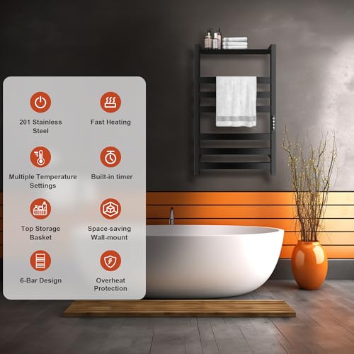 Towel Warmer 6 Bars with Shelf, Stainless Steel Towel Warmer Rack | for Bathroom, Wall Mounted Towel Heater with Intelligent Touch Screen Timer, Hard Wired/Plug-in, Black - size: 6 Bars with Shelf